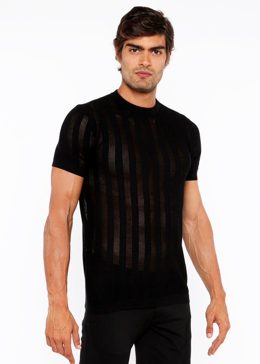 St33le Black Textured Knitted Crew Tee