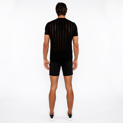 St33le Black Textured Knitted Crew Tee