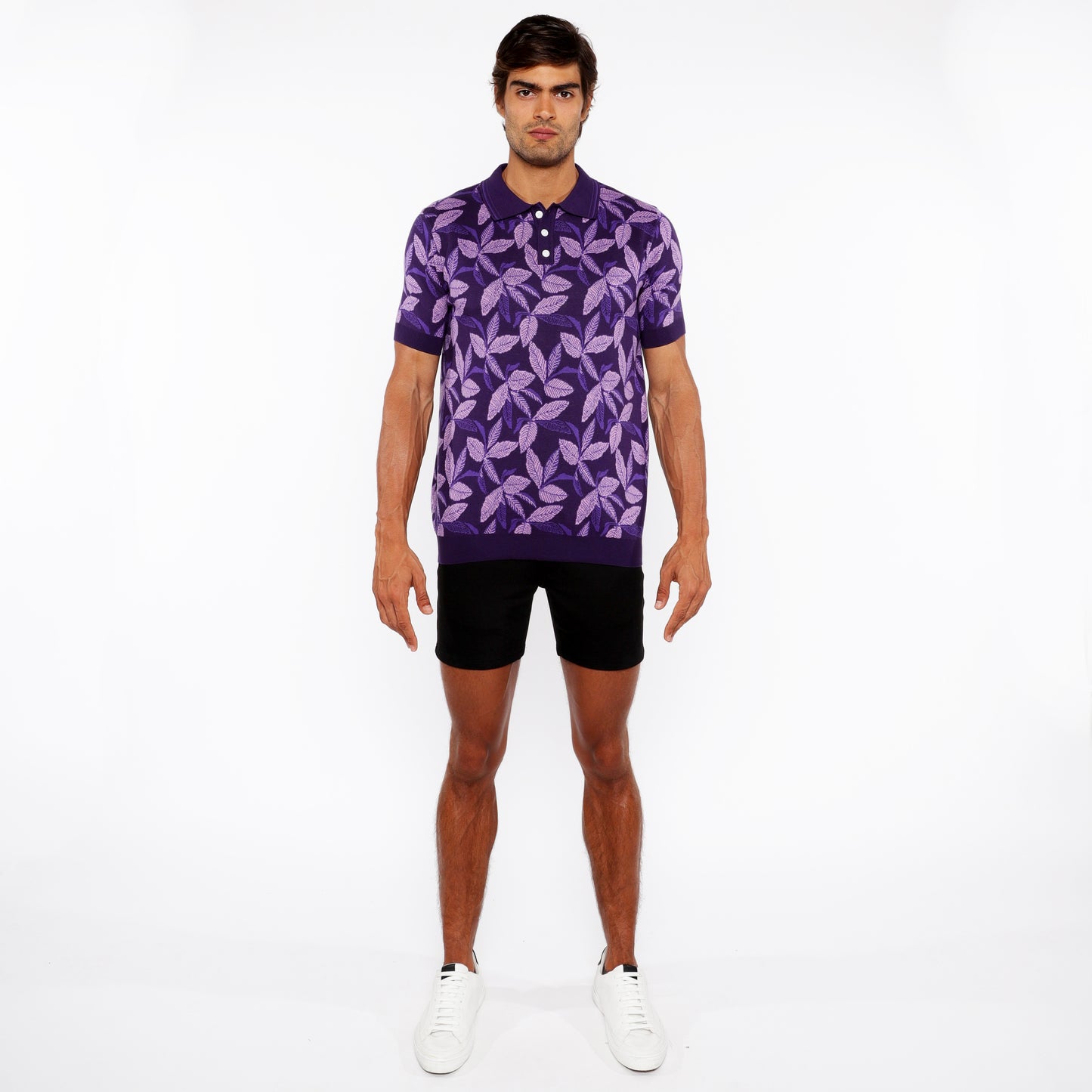 St33le Lilac/Purple Leaves Jacquard Knit Polo