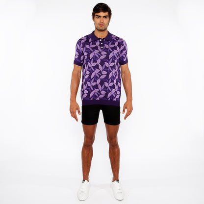 St33le Lilac/Purple Leaves Jacquard Knit Polo