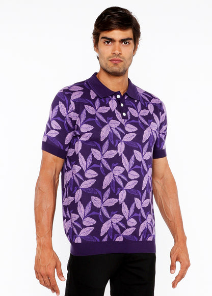 St33le Lilac/Purple Leaves Jacquard Knit Polo