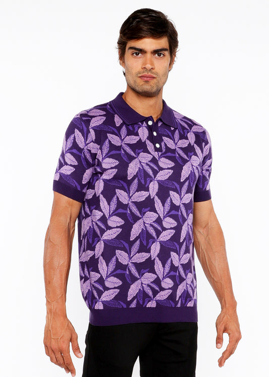 St33le Lilac/Purple Leaves Jacquard Knit Polo