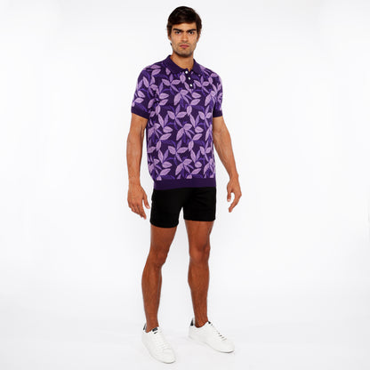 St33le Lilac/Purple Leaves Jacquard Knit Polo
