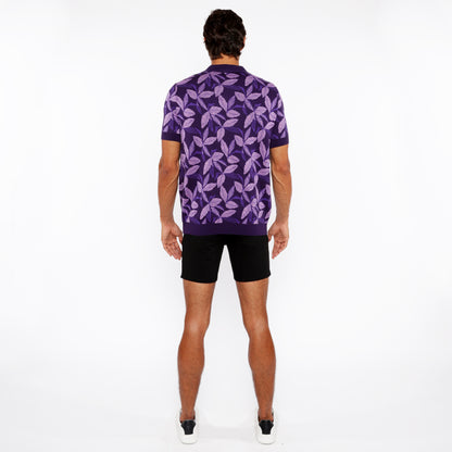 St33le Lilac/Purple Leaves Jacquard Knit Polo