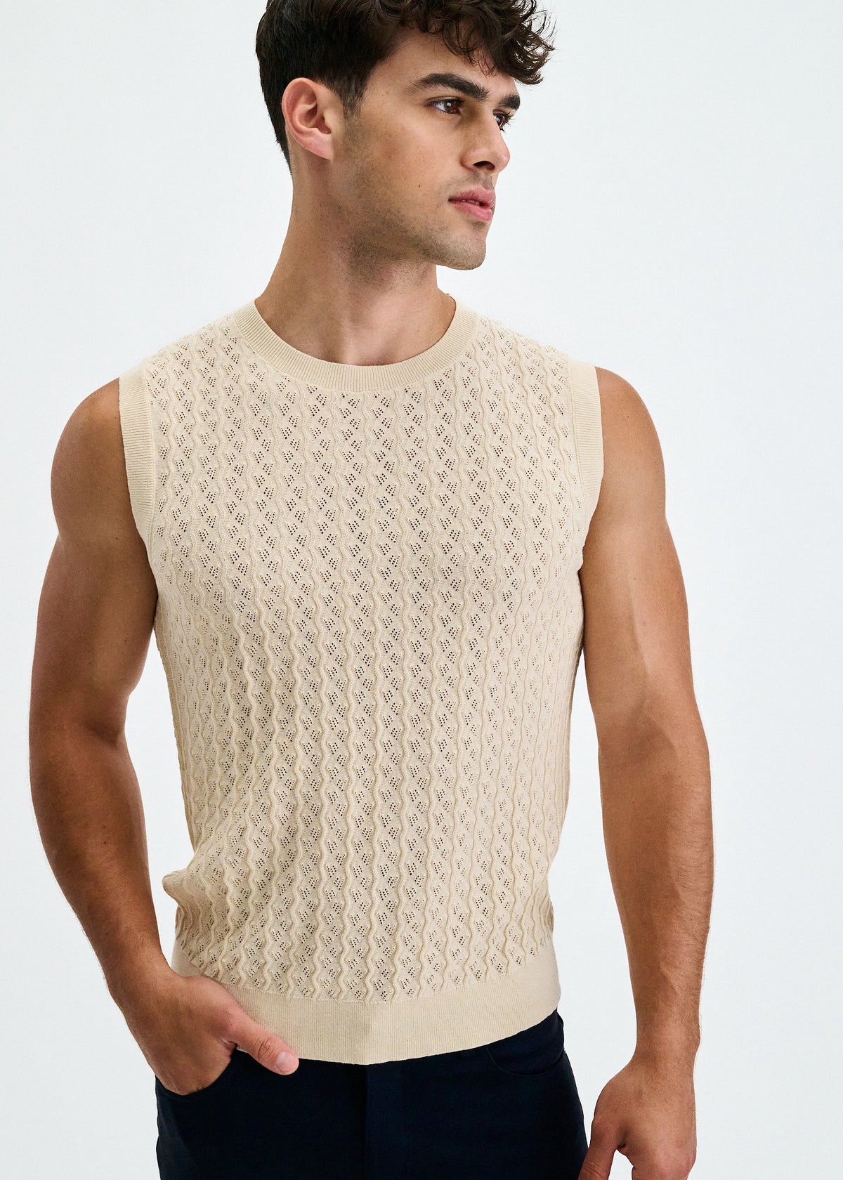 St33le Beige Vertical Waves Knit Vest