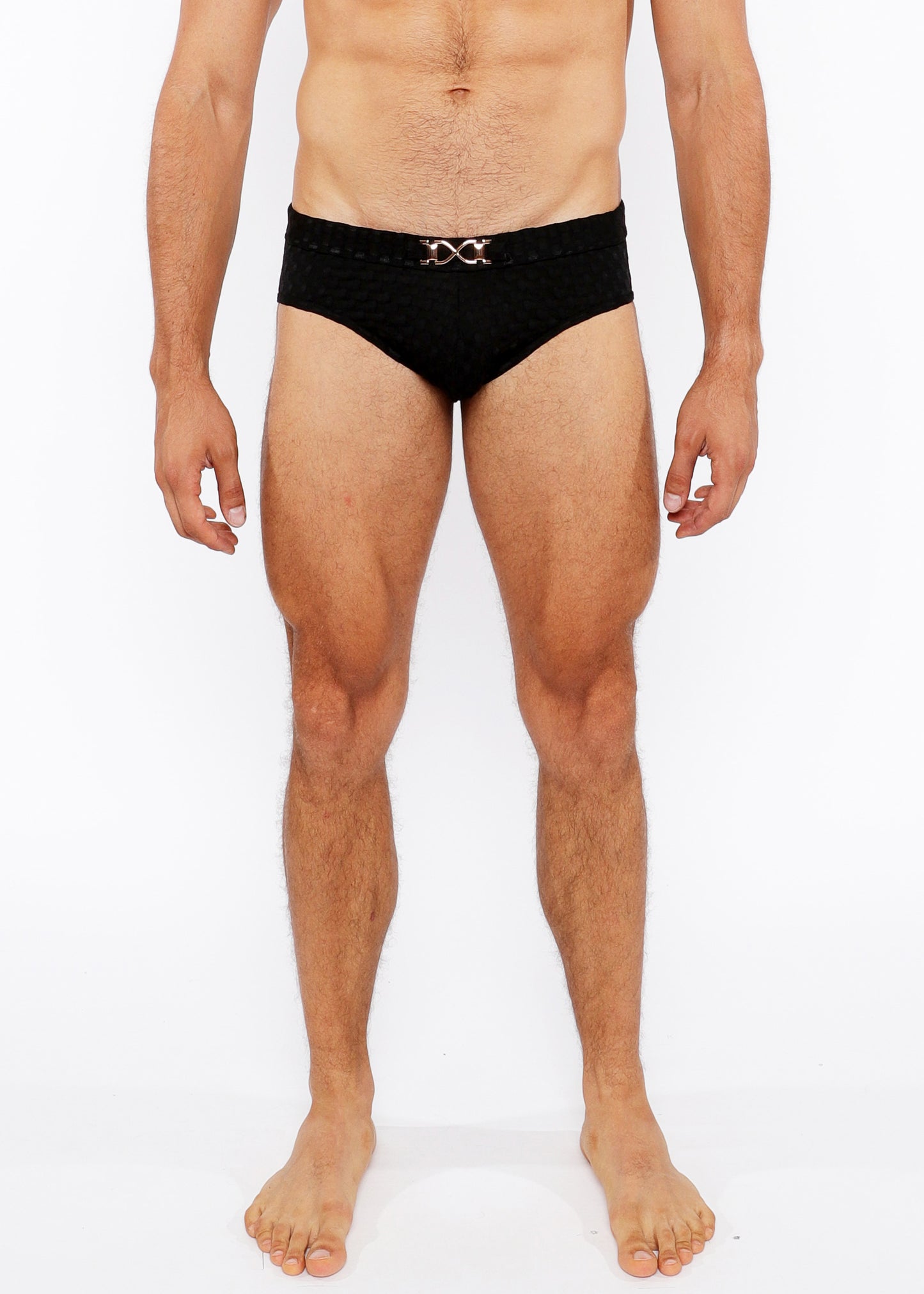 St33le Black Hexagon Textured Swim Brief W/Buckle