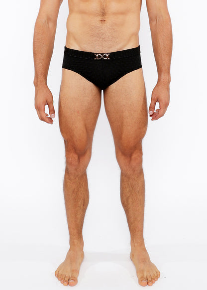 St33le Black Hexagon Textured Swim Brief W/Buckle