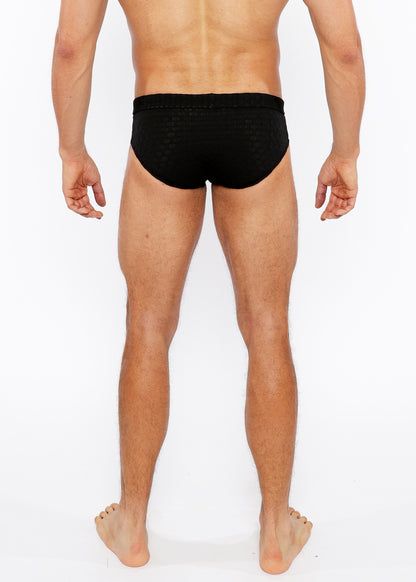 St33le Black Hexagon Textured Swim Brief W/Buckle