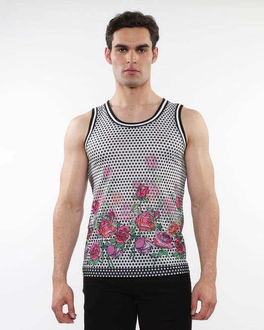 ST33le Black/Fuchsia Floral Printed Mesh Tank