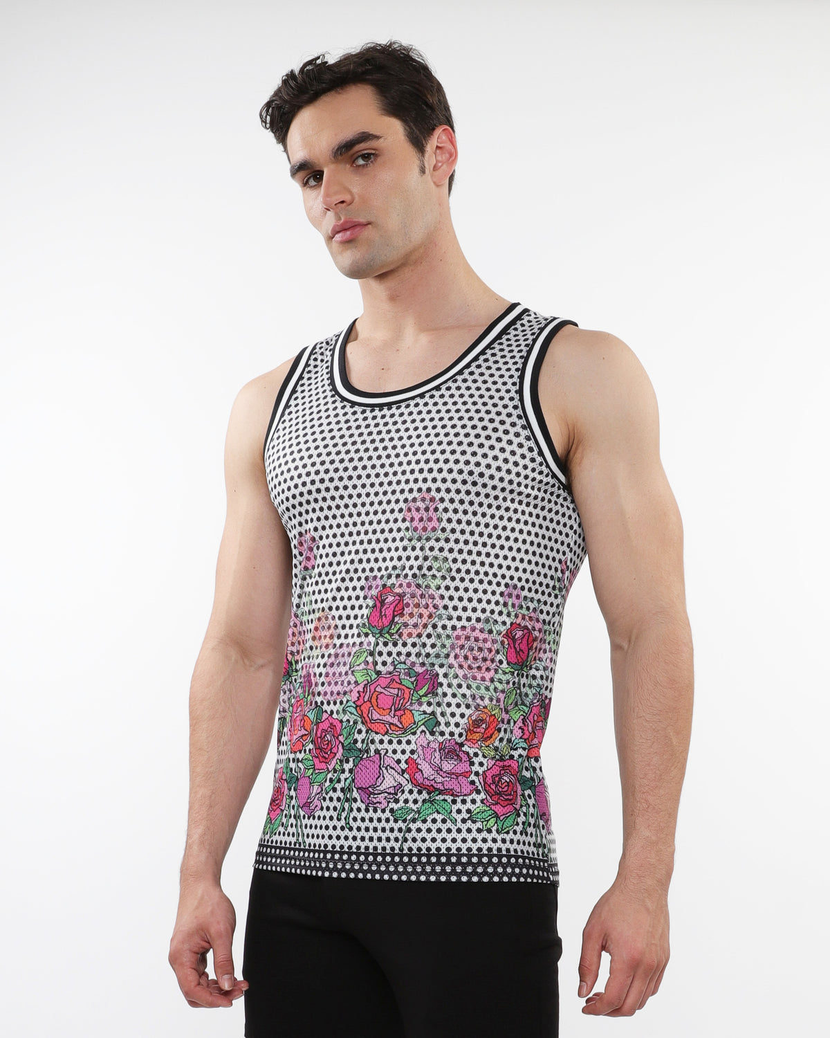 ST33le Black/Fuchsia Floral Printed Mesh Tank