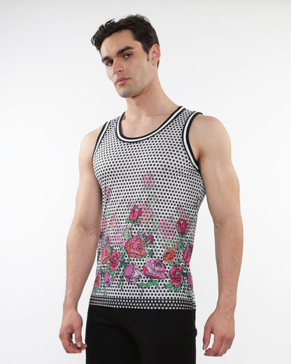 ST33le Black/Fuchsia Floral Printed Mesh Tank
