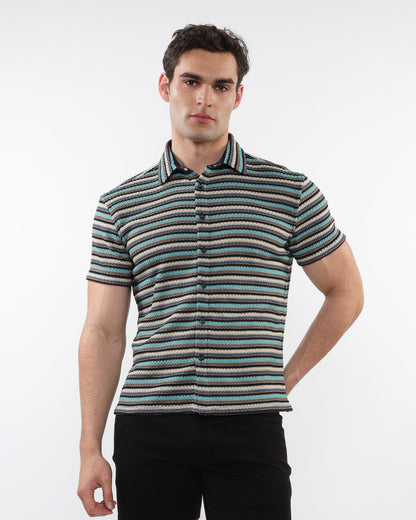 ST33le Teal/Blue Stripe Open Knit SS Shirt