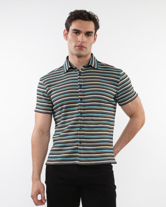 ST33le Teal/Blue Stripe Open Knit SS Shirt