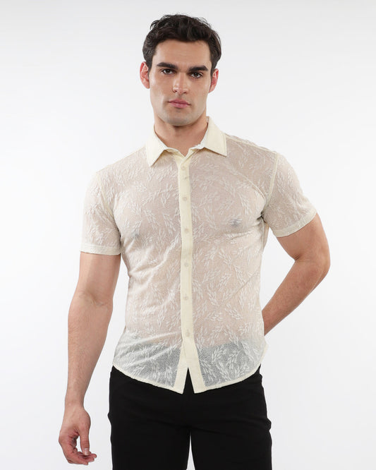 St33le Beige Leaves Gossamer Knit SS Shirt