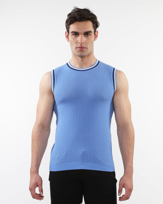 ST33le Blue Textured Open Knitted Mesh Tank