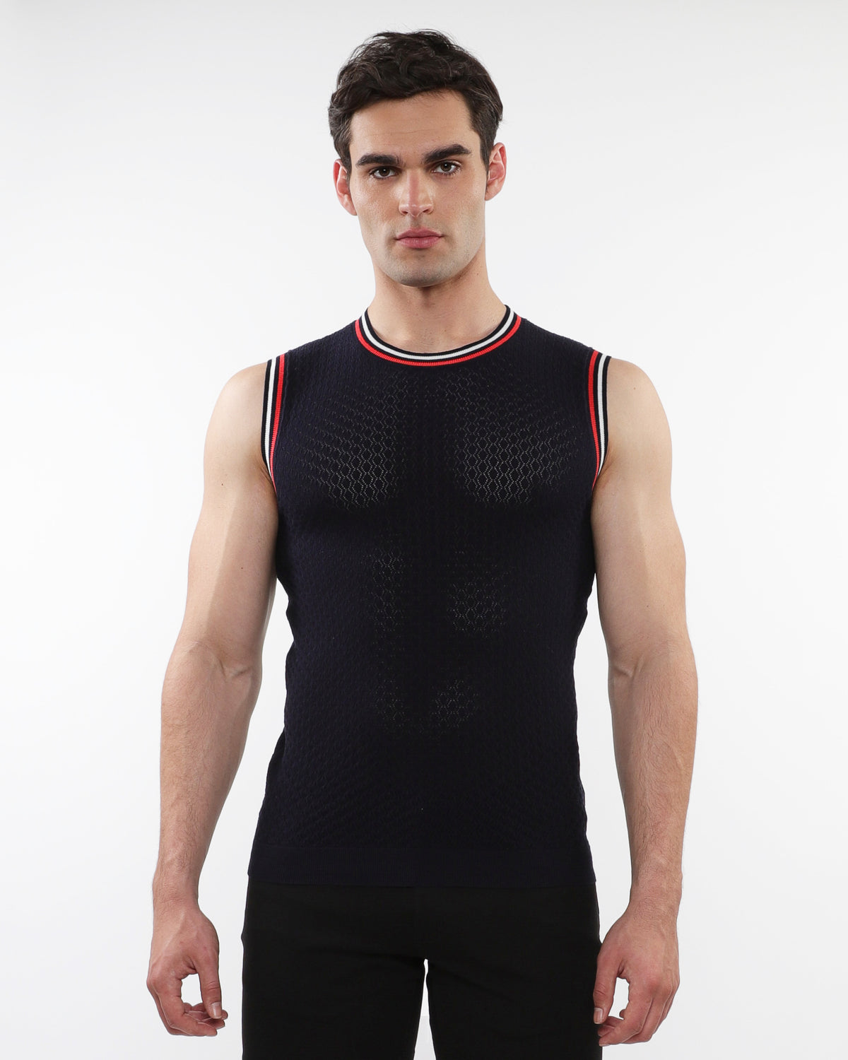 ST33le NavyTextured Open Knitted Mesh Tank