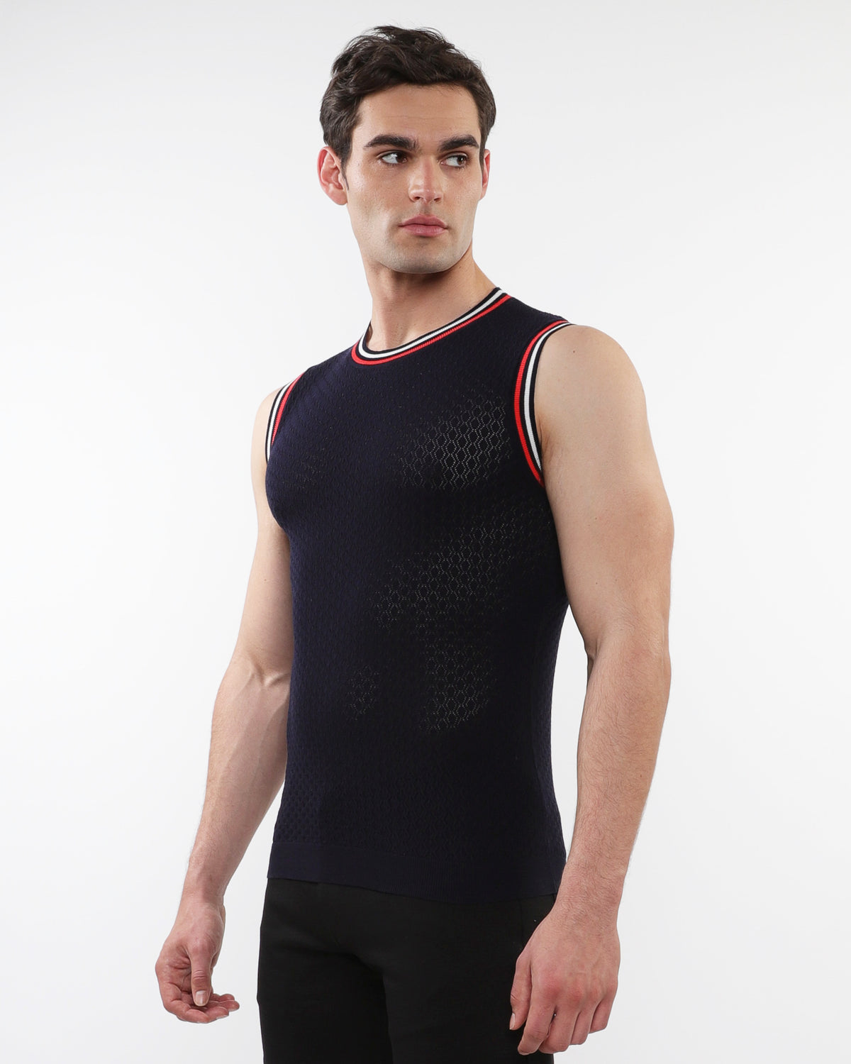 ST33le NavyTextured Open Knitted Mesh Tank