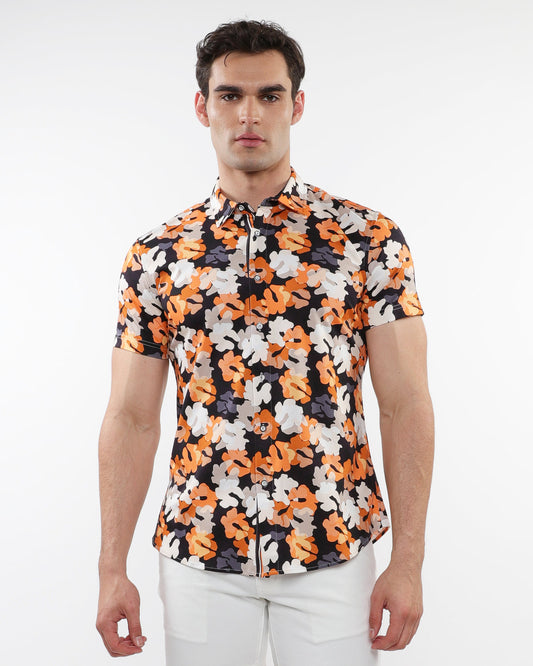 ST33le Grey/Orange Floral Printed Cotton Knit SS Shirt
