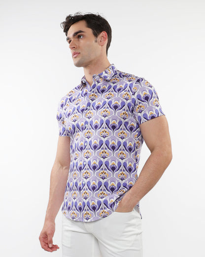 ST33le Purple/Gold Floral Printed Cotton Knit SS Shirt